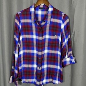 Tommy Hilfiger Blue Red Plaid‎ Utility Long Sleeve Shirt Roll Tab L Preppy